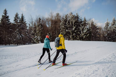 Älteres Paar beim gemeinsamen Skifahren inmitten eines verschneiten Waldes - HPIF11210