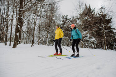 Älteres Paar beim Skifahren inmitten eines verschneiten Waldes. - HPIF11265