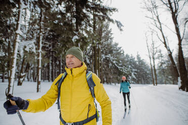 Älteres Paar beim gemeinsamen Skifahren inmitten eines verschneiten Waldes - HPIF11271