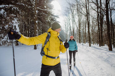 Älteres Paar beim gemeinsamen Skifahren inmitten eines verschneiten Waldes - HPIF11274