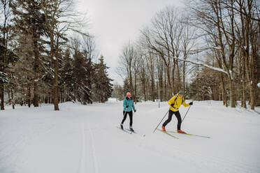 Älteres Paar beim gemeinsamen Skifahren inmitten eines verschneiten Waldes - HPIF11278
