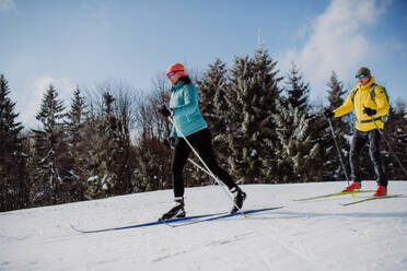 Älteres Paar beim gemeinsamen Skifahren inmitten eines verschneiten Waldes - HPIF11300