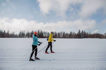 Älteres Paar beim gemeinsamen Skifahren inmitten eines verschneiten Waldes - HPIF11306