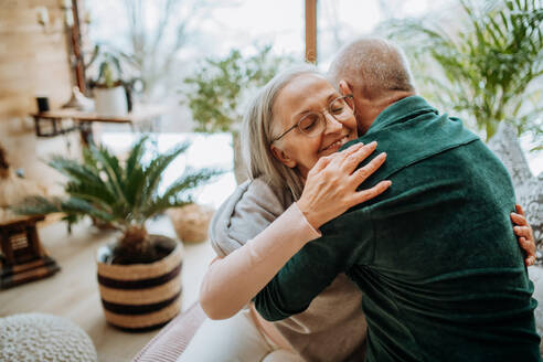 Senior couple in love hugging in their nice modern living room. - HPIF11339