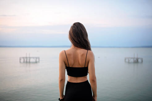 Eine Rückansicht eines jungen, schönen, sportlichen Mädchens, das am frühen Morgen am See steht und sich beschmutzt. - HPIF11588