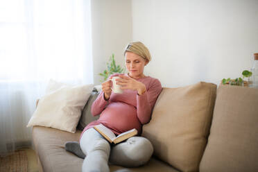 Schwangere Frau sitzt auf dem Sofa, liest ein Buch und genießt eine Tasse Tee. - HPIF11678