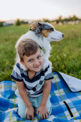 Kleiner Junge mit Hund im Freien, beim Picknick. - HPIF11821