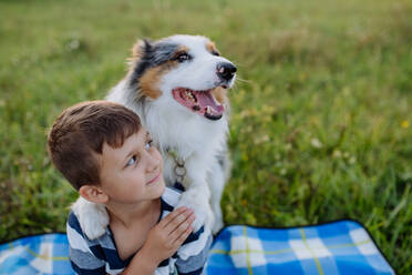 Kleiner Junge mit Hund im Freien, beim Picknick. - HPIF11822