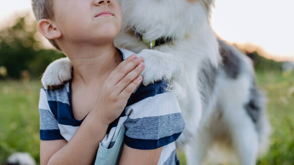 Kleiner Junge mit Hund im Freien, beim Picknick. - HPIF11825