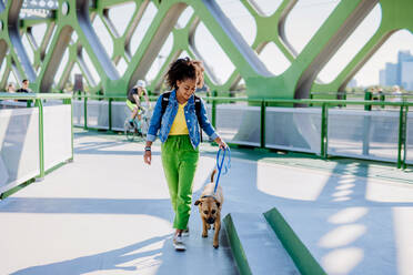 Multirassisches Mädchen geht mit ihrem Hund draußen auf der Brücke spazieren, trainiert ihn, verbringt die Freizeit zusammen. Konzept der Beziehung zwischen einem Hund und Teenager, Alltag mit Haustier. - HPIF11871