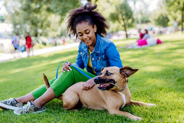 Multirassisches Mädchen sitzt und ruht sich mit ihrem Hund draußen im Park aus, trainiert ihn, verbringt die Freizeit zusammen. Konzept der Beziehung zwischen einem Hund und Teenager, Alltag mit Haustier. - HPIF11882