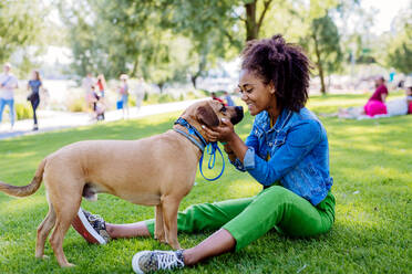 Multirassisches Mädchen sitzt und ruht sich mit ihrem Hund draußen im Park aus, trainiert ihn, verbringt die Freizeit zusammen. Konzept der Beziehung zwischen einem Hund und Teenager, Alltag mit Haustier. - HPIF11883