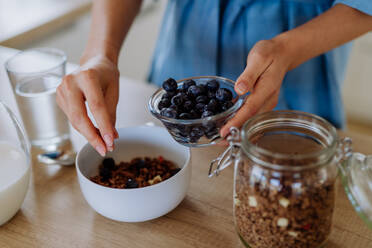 Nahaufnahme einer jungen Frau, die in ihrer Küche ein Müsli zum Frühstück zubereitet, Morgenroutine und gesunder Lebensstil. - HPIF12013