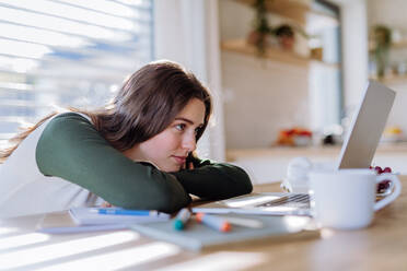 Porträt einer gelangweilten Frau mit Laptop, Homeoffice-Konzept. - HPIF12084