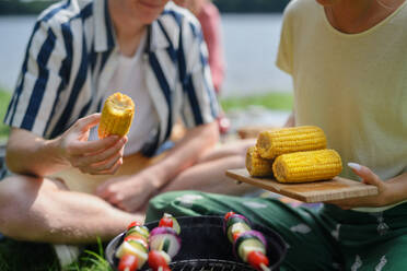 A close-up of young friends putting corn on grill and having barbecue when camping in campground. - HPIF12227