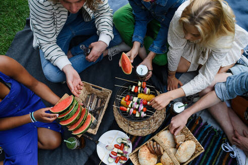 Eine Gruppe multirassischer junger Freunde zeltet in der Nähe eines Sees und grillt gemeinsam, Ansicht von oben. - HPIF12254