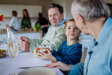 Glückliche Mehrgenerationenfamilie beim gemeinsamen Osteressen. - HPIF12816