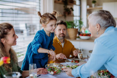 Glückliche Mehrgenerationenfamilie beim gemeinsamen Osteressen. - HPIF12838