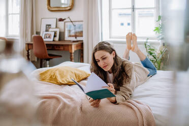Junge Frau genießt ihre Freizeit in ihrer Wohnung und liest ein Buch. - HPIF12864