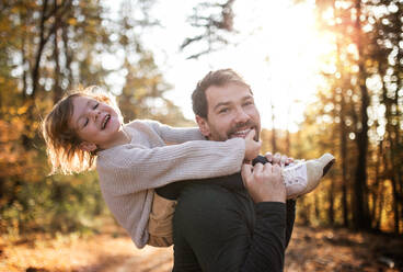 Mature father giving piggyback ride to happy small daughter on a walk in autumn forest. - HPIF12966