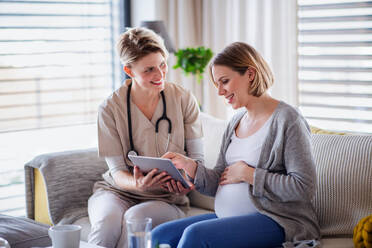 Ein Mitarbeiter des Gesundheitswesens mit einem Tablet im Gespräch mit einer schwangeren Frau zu Hause. - HPIF13140