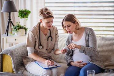 Eine medizinische Fachkraft untersucht eine schwangere Frau zu Hause und prüft den Zuckergehalt. - HPIF13142