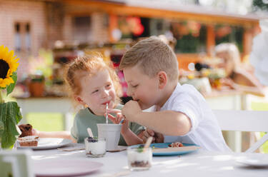 Eine Gruppe kleiner Kinder sitzt am Tisch im Freien auf einer Gartenparty, isst und trinkt. - HPIF13187