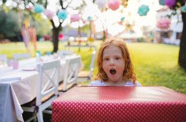 Porträt eines kleinen Mädchens mit einer großen Geschenkbox im Garten im Sommer, das in die Kamera schaut. - HPIF13239