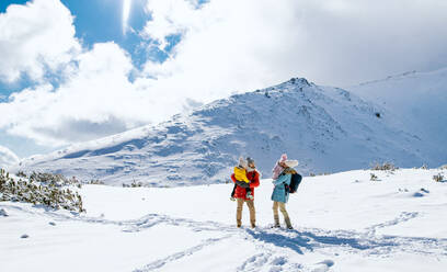 Frontalaufnahme von Vater und Mutter mit zwei kleinen Kindern in winterlicher Natur, stehend im Schnee. - HPIF13300