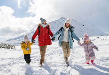 Frontalaufnahme von Vater und Mutter mit zwei kleinen Kindern in winterlicher Natur, die im Schnee spazieren gehen. - HPIF13302