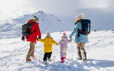 Rückansicht von Vater und Mutter mit zwei kleinen Kindern in winterlicher Natur, die im Schnee spazieren gehen. - HPIF13303