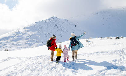 Rückansicht einer glücklichen Familie mit zwei kleinen Kindern in winterlicher Natur, die im Schnee spazieren gehen. - HPIF13304