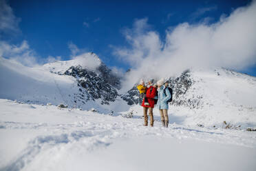 Frontalaufnahme von Vater und Mutter mit kleinem Sohn in winterlicher Natur, stehend im Schnee. - HPIF13311