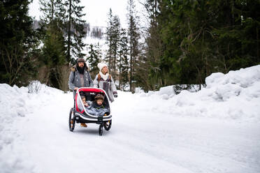 Vater und Mutter mit zwei kleinen Kindern sitzen im Wohnwagen und gehen im Schnee in der winterlichen Natur spazieren. - HPIF13335