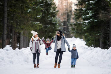 Frontalaufnahme von Vater und Mutter mit zwei kleinen Kindern in winterlicher Natur, die im Schnee spazieren gehen. - HPIF13340