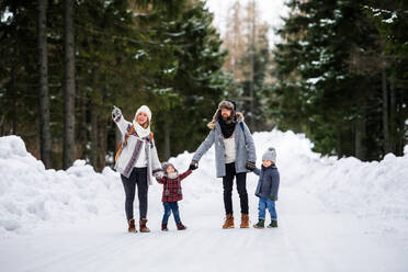 Frontalaufnahme von Vater und Mutter mit zwei kleinen Kindern in winterlicher Natur, die im Schnee spazieren gehen. - HPIF13341
