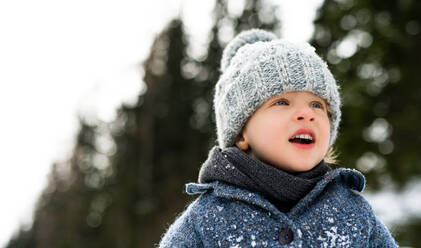 Front view of happy small child standing in snow, holiday in winter nature. - HPIF13350