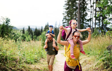 Front view of family with small children hiking outdoors in summer nature. - HPIF13381