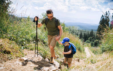 Vater mit kleinem Sohn beim Wandern in der sommerlichen Natur im Tatra-Gebirge in der Slowakei. - HPIF13396