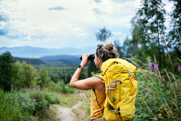 Rückansicht einer jungen Wanderin mit Rucksack auf einem Wanderausflug in der Natur, die ein Fernglas benutzt. - HPIF13413