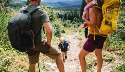 Glückliche Familie mit kleinen Kindern wandern im Sommer in der Natur, Wandern in der Hohen Tatra. - HPIF13415