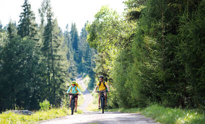 Glückliche Familie mit kleinen Kindern beim Radfahren in der sommerlichen Natur. - HPIF13445