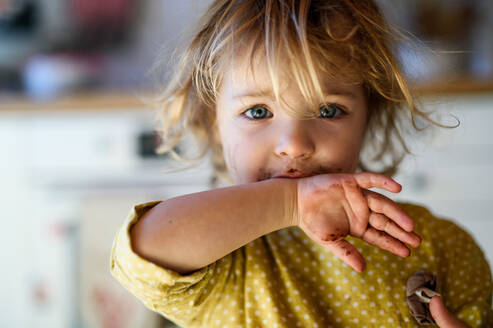 Fröhliches kleines Mädchen mit schmutzigem Mund drinnen in der Küche zu Hause, das in die Kamera schaut. - HPIF13481