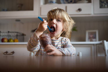 Porträt eines kleinen Jungen mit schmutzigem Mund in der Küche zu Hause, der Pudding isst. - HPIF13493