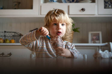 Porträt eines kleinen Jungen mit schmutzigem Mund in der Küche zu Hause, der Pudding isst. - HPIF13494