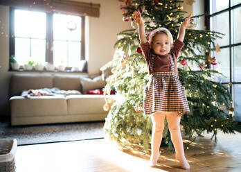 Porträt eines glücklichen kleinen Mädchens, das zu Hause an Weihnachten spielt. - HPIF13549