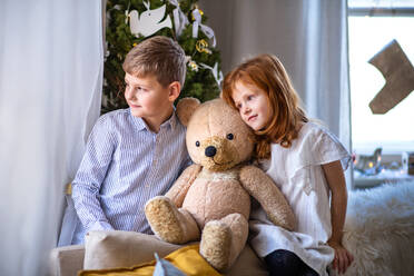 Kleines Mädchen und Junge am Fenster in einem Haus zu Weihnachten, mit einem großen Teddybär in der Hand. - HPIF13588