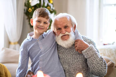 Portait of small boy with senior grandfather indoors at home at Christmas, looking at camera. - HPIF13593