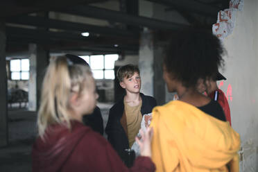 Eine Gruppe von Teenagern steht in einem verlassenen Gebäude und unterhält sich. - HPIF13668