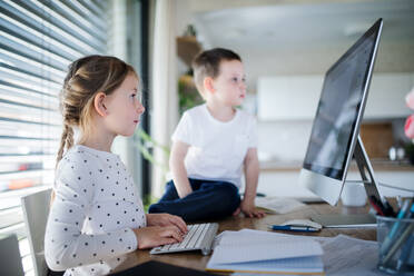 Kleines Mädchen und Junge sitzen am Tisch und benutzen den Computer zu Hause. Corona-Virus und Quarantäne-Konzept. - HPIF13722
